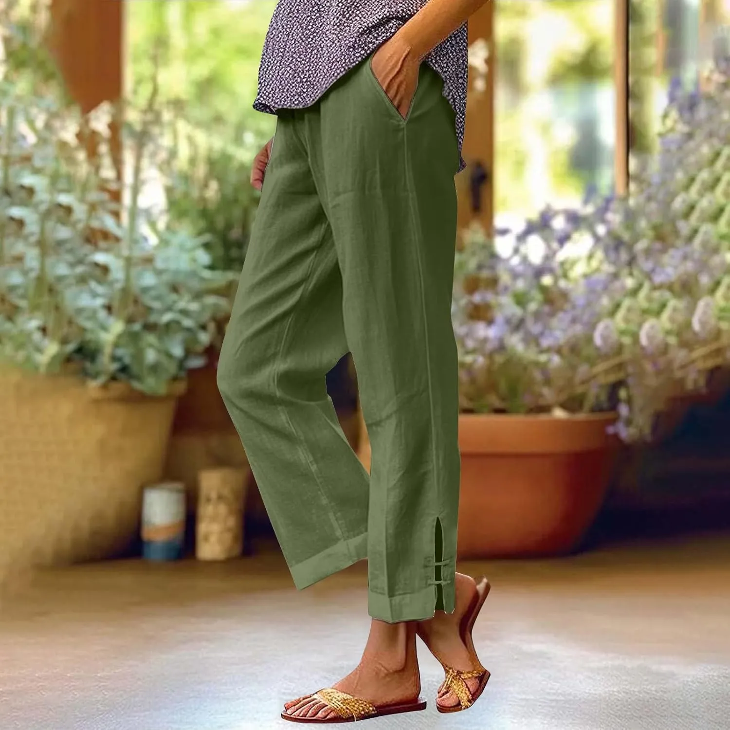 GOFULY Womens Linen Pants Wide Leg Office Casual High Waisted Pants Elastic Waist Summer Slim Fit Solid Trousers with Pockets