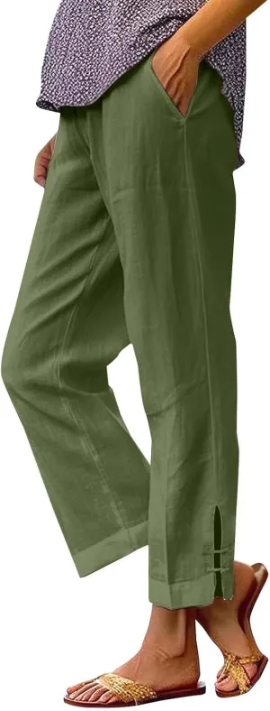 GOFULY Womens Linen Pants Wide Leg Office Casual High Waisted Pants Elastic Waist Summer Slim Fit Solid Trousers with Pockets