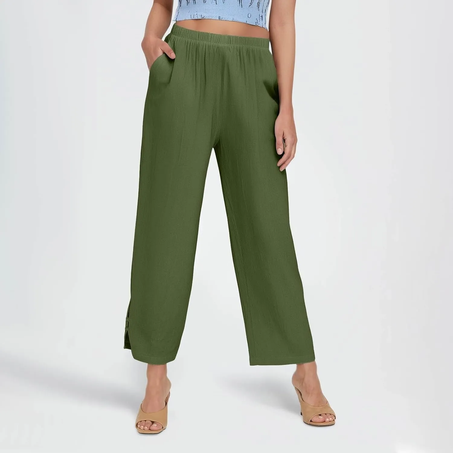 GOFULY Womens Linen Pants Wide Leg Office Casual High Waisted Pants Elastic Waist Summer Slim Fit Solid Trousers with Pockets