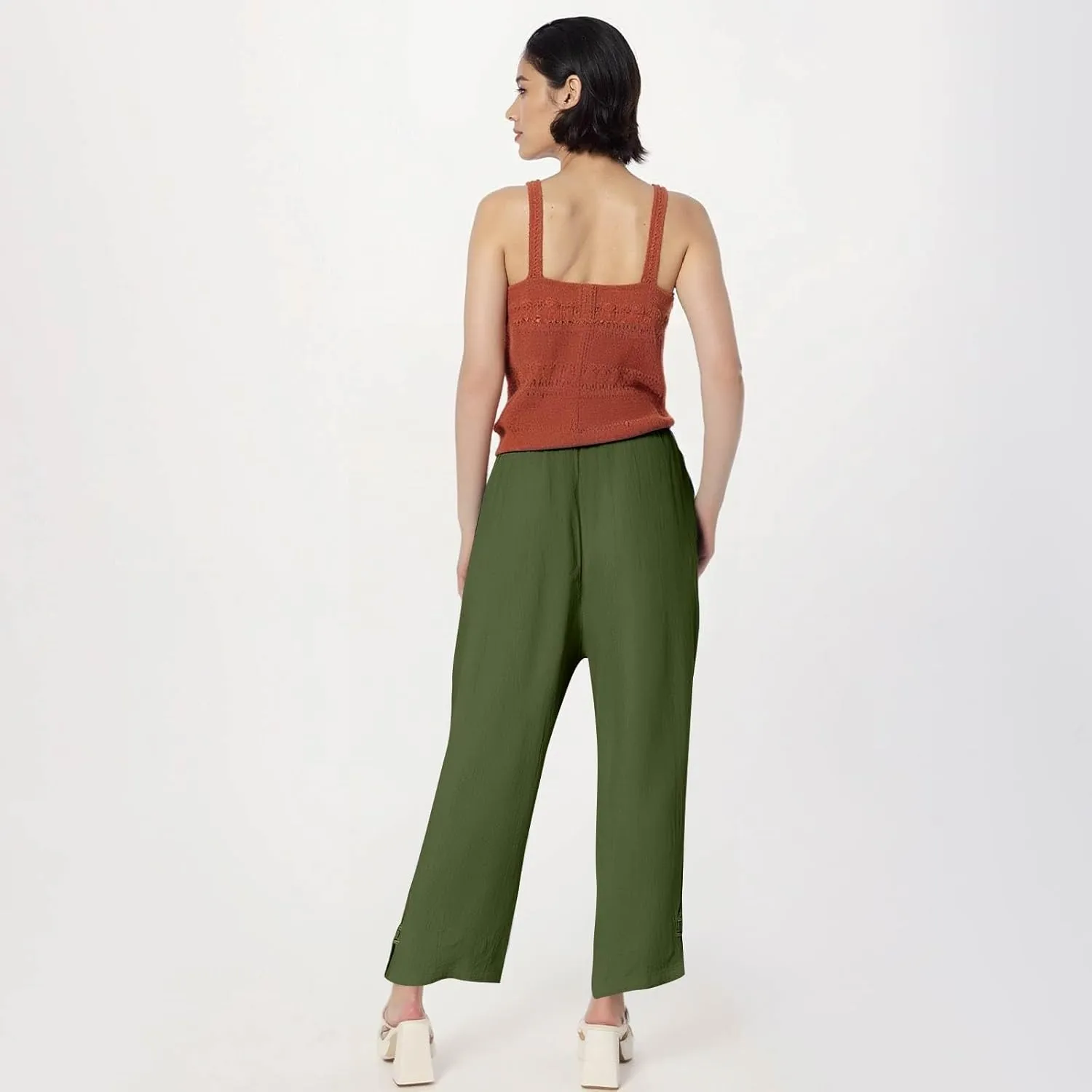 GOFULY Womens Linen Pants Wide Leg Office Casual High Waisted Pants Elastic Waist Summer Slim Fit Solid Trousers with Pockets