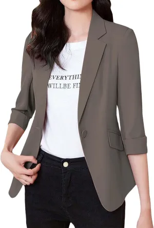 GOKKILRW Womens Blazers Petite Ladies Coats 3/4 Sleeve One Button Lapel Collared Formal Jackets Business Office Work Suits
