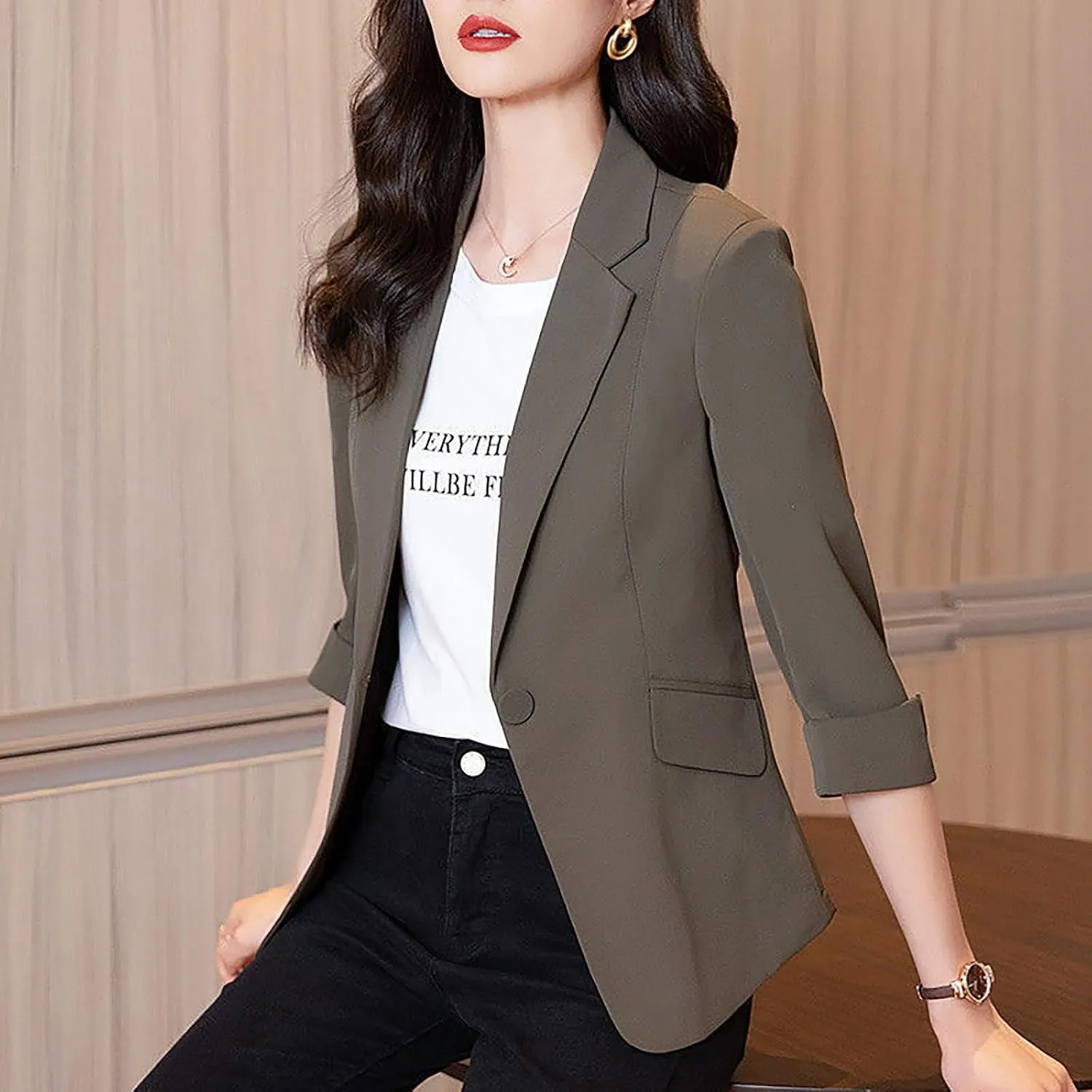 GOKKILRW Womens Blazers Petite Ladies Coats 3/4 Sleeve One Button Lapel Collared Formal Jackets Business Office Work Suits