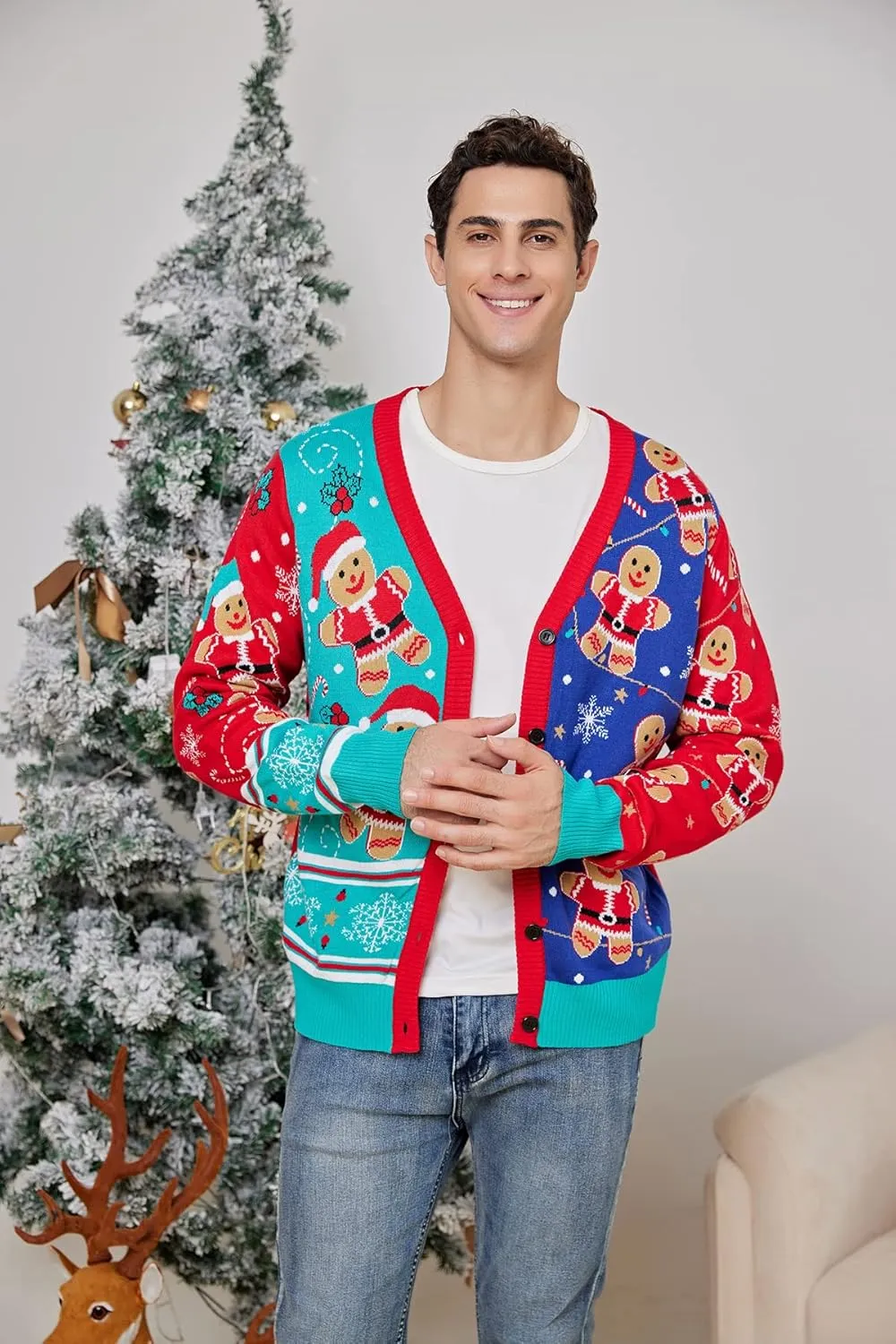 Goodstoworld Men's 2024 Ugly Christmas Cardigan Cozy Pullover Sweater V Neck Buttons Soft Knitwear