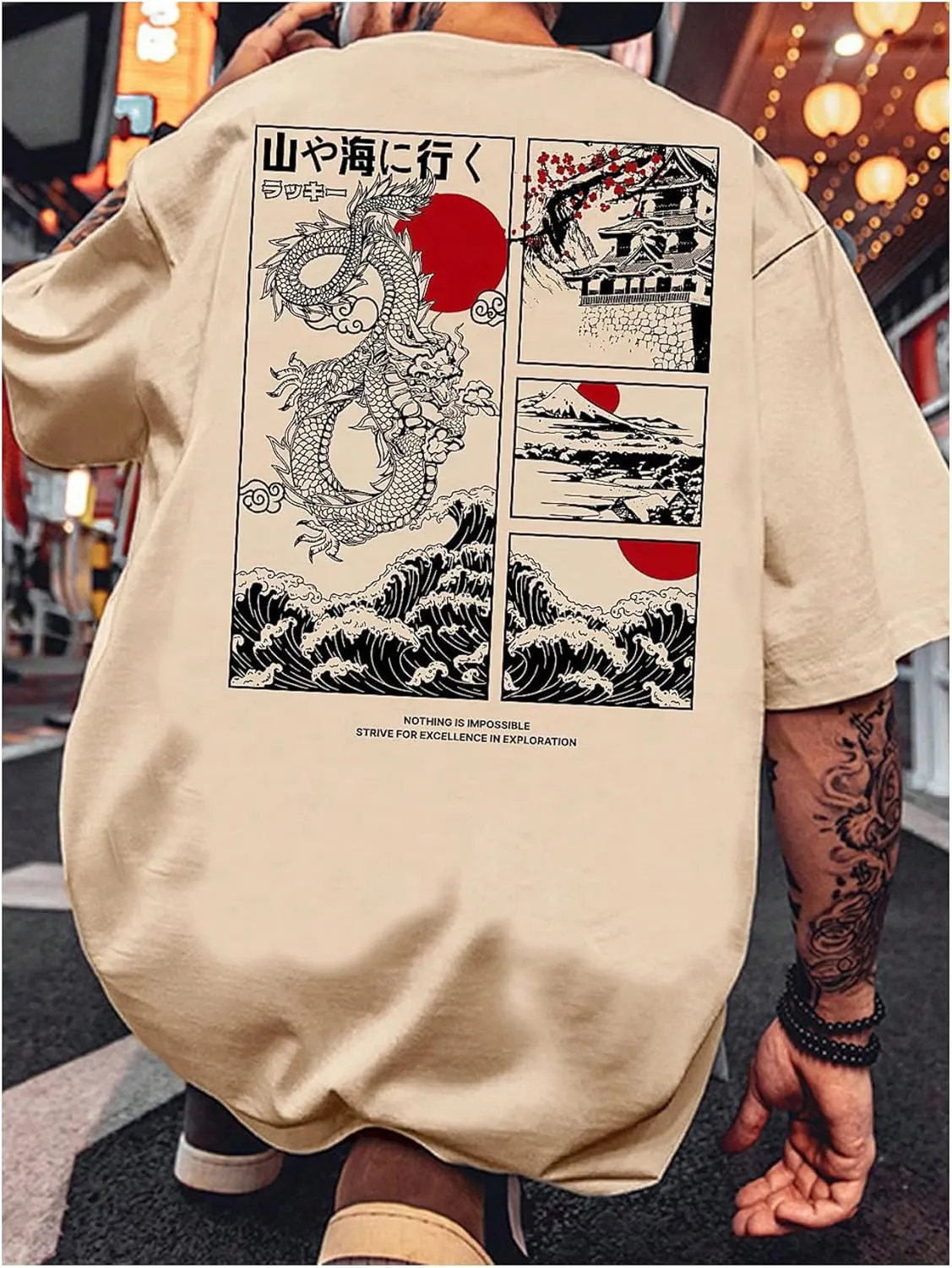 GORGLITTER Men's Japanese Letter Graphic Tee Top Oversized Short Sleeve Casual Aesthetic Print T-Shirt