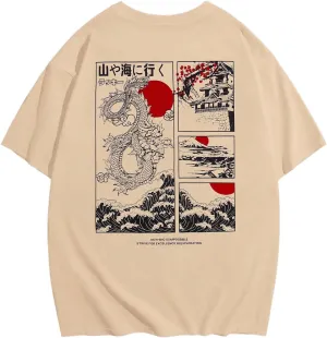 GORGLITTER Men's Japanese Letter Graphic Tee Top Oversized Short Sleeve Casual Aesthetic Print T-Shirt