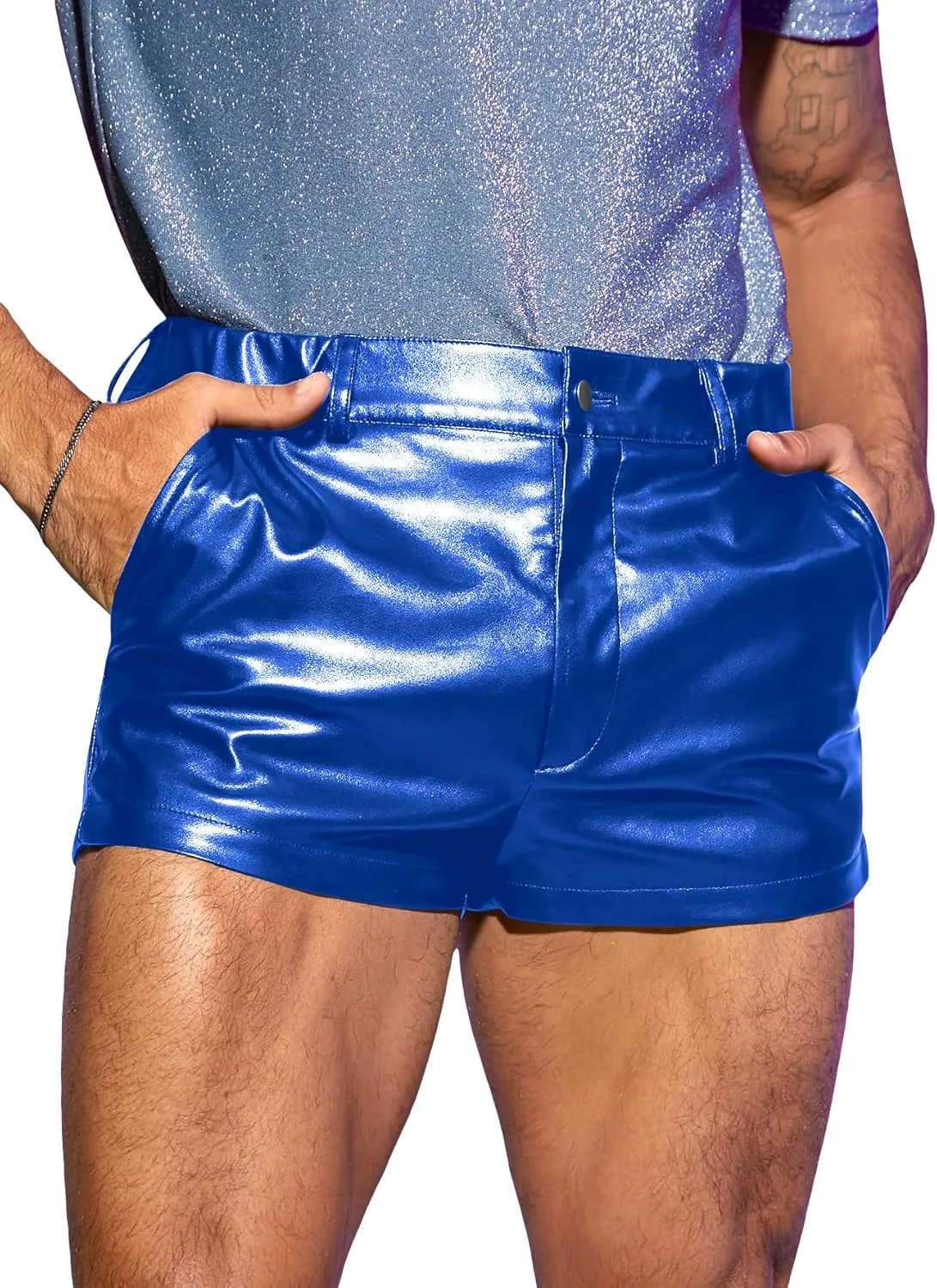GORGLITTER Men's PU Leather Shorts Elastic Waist Rave Hot Short Pants with Pockets