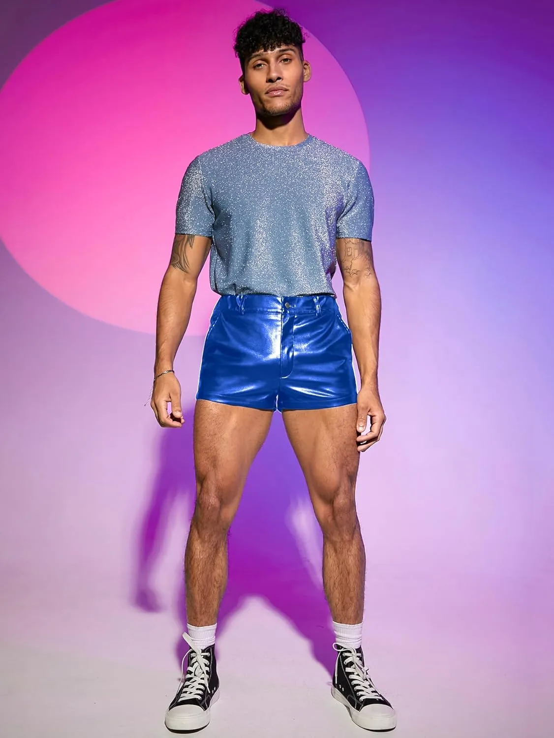 GORGLITTER Men's PU Leather Shorts Elastic Waist Rave Hot Short Pants with Pockets