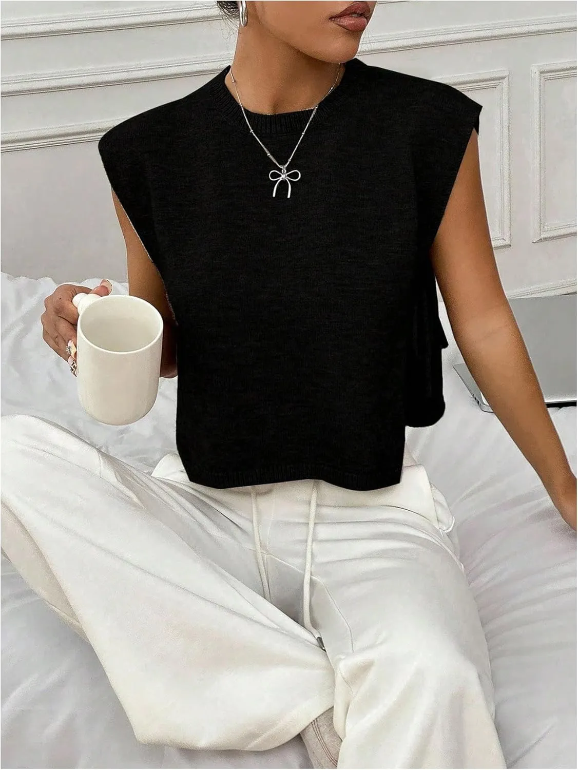 GORGLITTER Women's Cap Sleeve Sweater Tank Tops Cropped Sleeveless Side Tie Sweater Vest Crew Neck Causal Knit Top