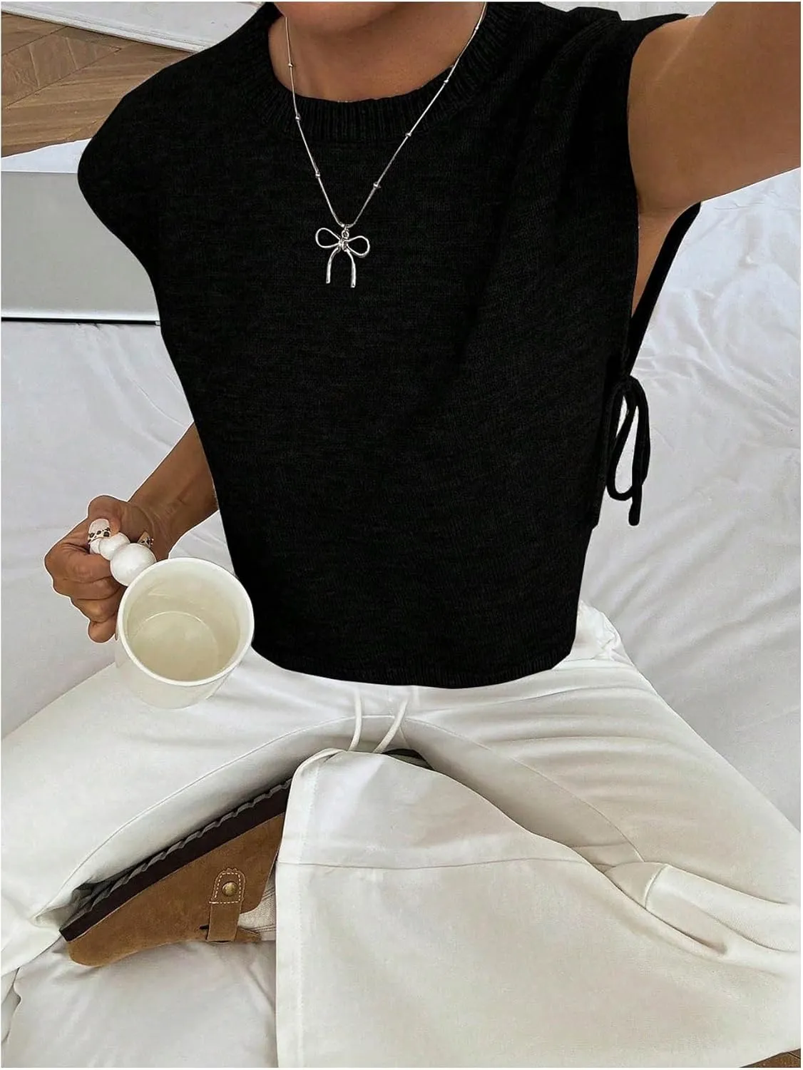 GORGLITTER Women's Cap Sleeve Sweater Tank Tops Cropped Sleeveless Side Tie Sweater Vest Crew Neck Causal Knit Top