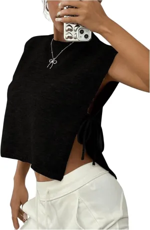 GORGLITTER Women's Cap Sleeve Sweater Tank Tops Cropped Sleeveless Side Tie Sweater Vest Crew Neck Causal Knit Top