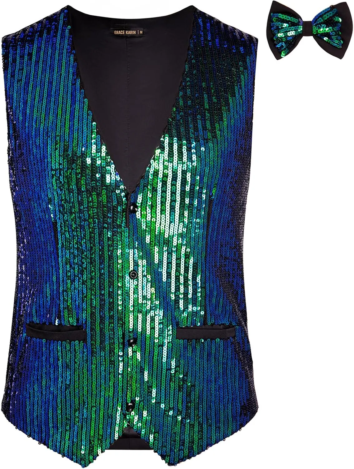 GRACE KARIN Mens Sequin Vest Slim Fit Shiny Dress Waistcoat Bowtie Set for Wedding Prom Party