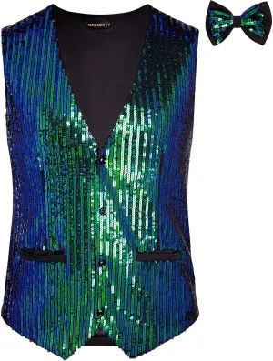 GRACE KARIN Mens Sequin Vest Slim Fit Shiny Dress Waistcoat Bowtie Set for Wedding Prom Party
