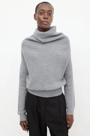 Grey Wool Ribbed Knit Asymmetrical Panelled Sweater