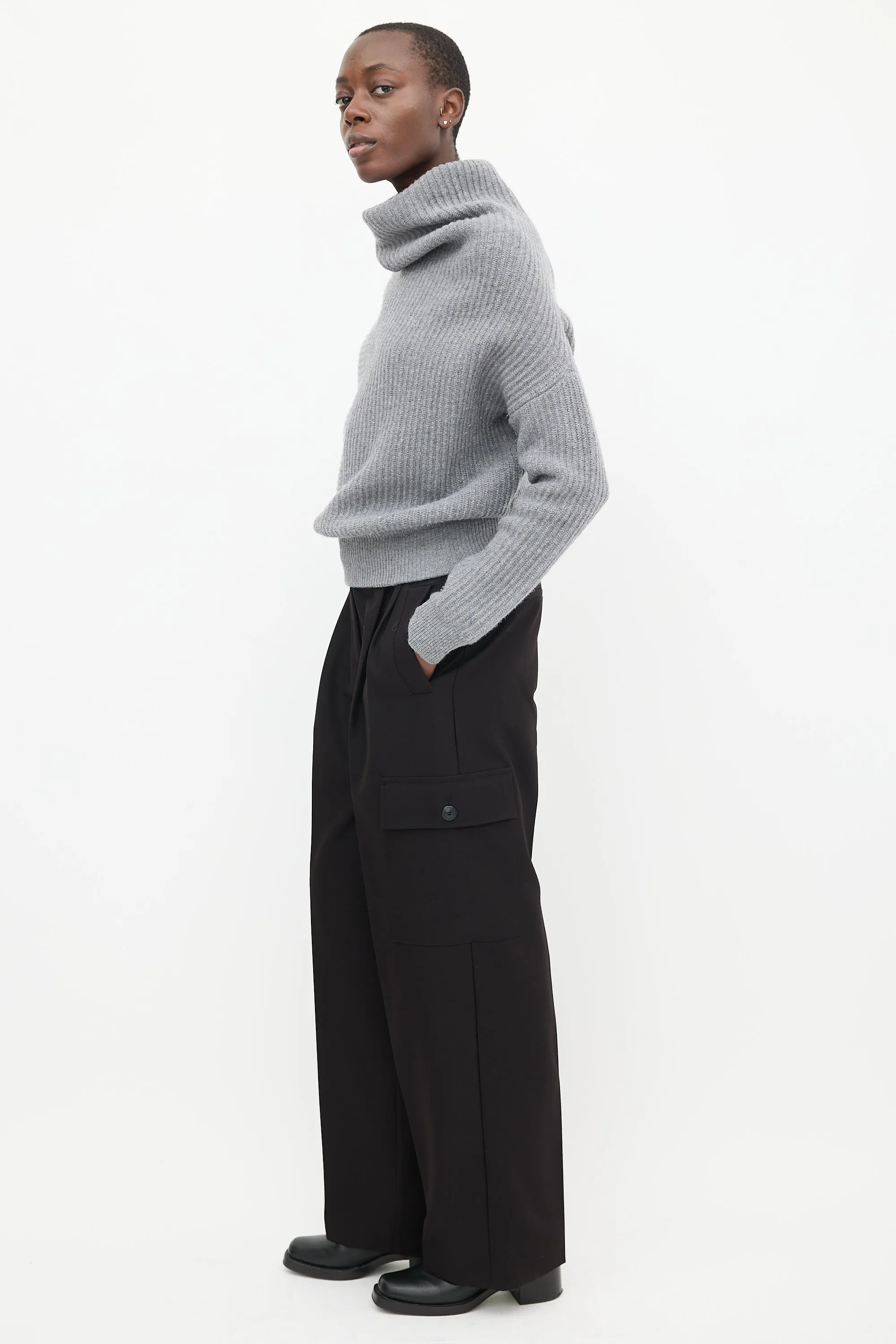 Grey Wool Ribbed Knit Asymmetrical Panelled Sweater