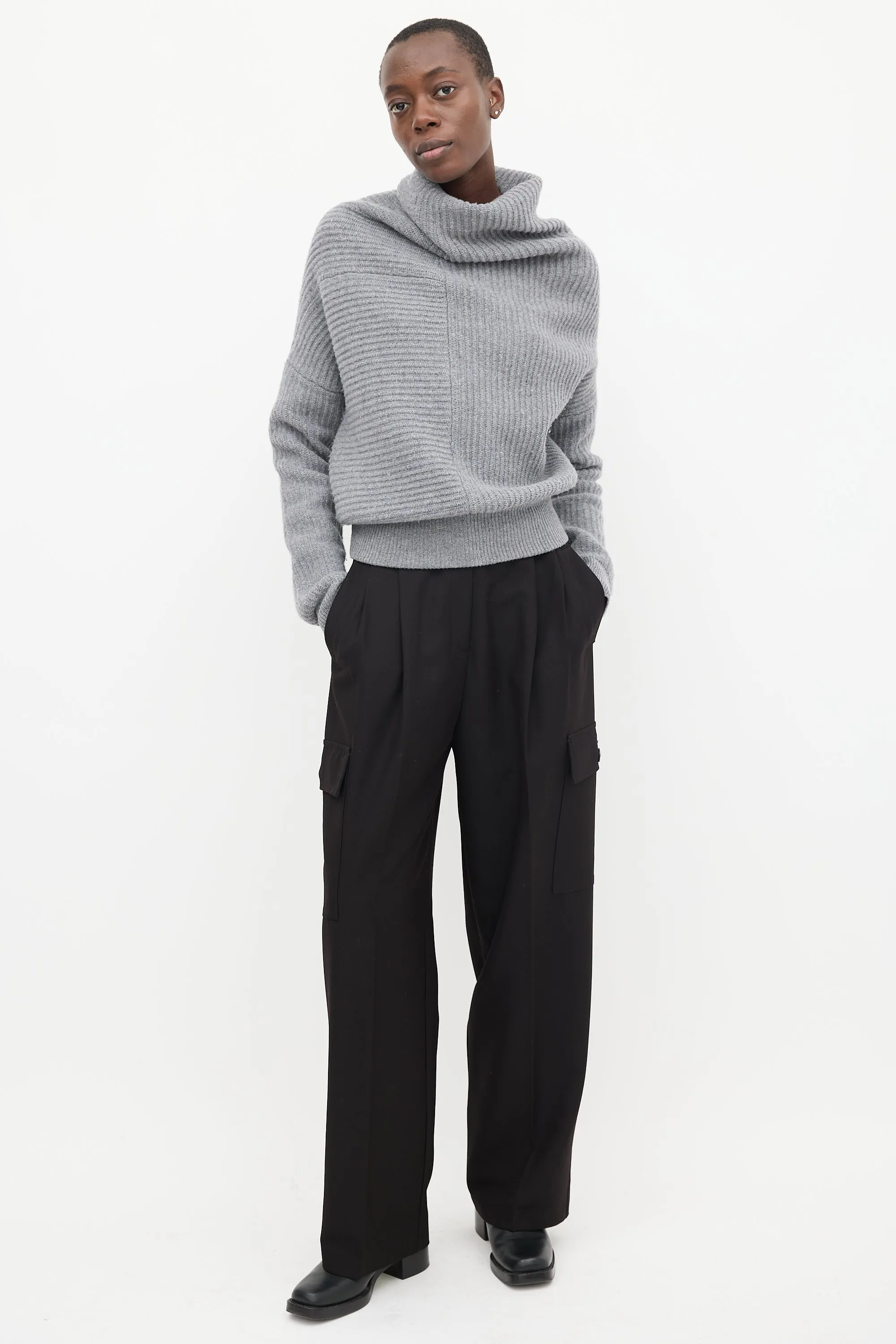 Grey Wool Ribbed Knit Asymmetrical Panelled Sweater