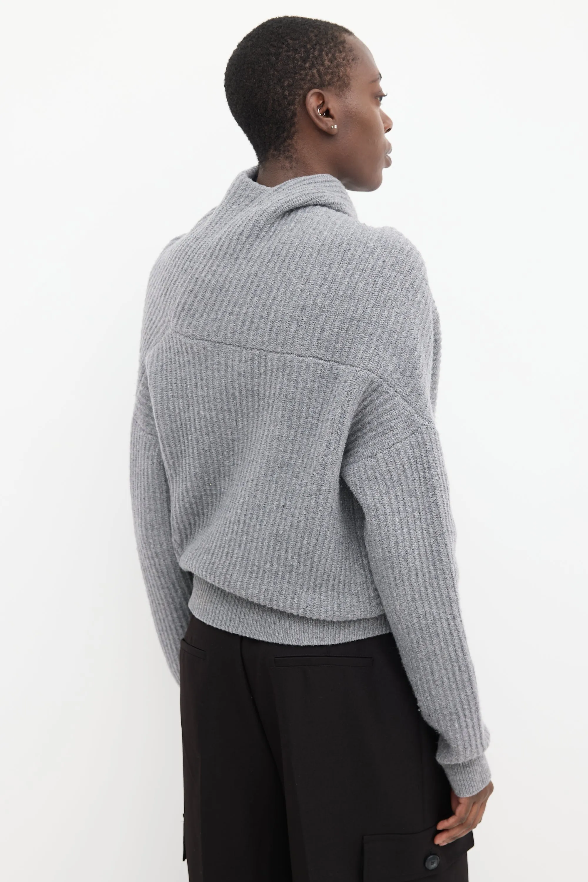 Grey Wool Ribbed Knit Asymmetrical Panelled Sweater