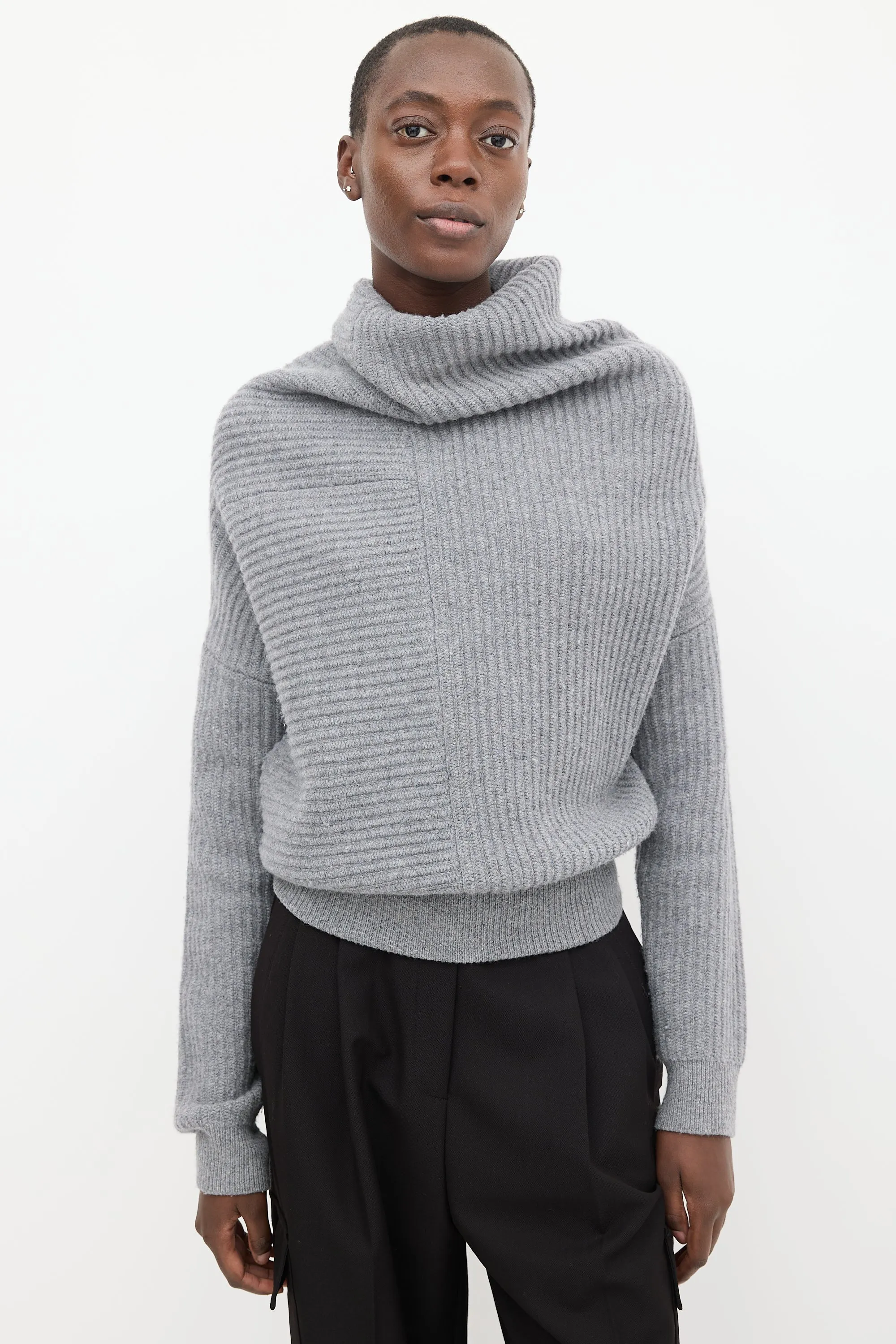Grey Wool Ribbed Knit Asymmetrical Panelled Sweater