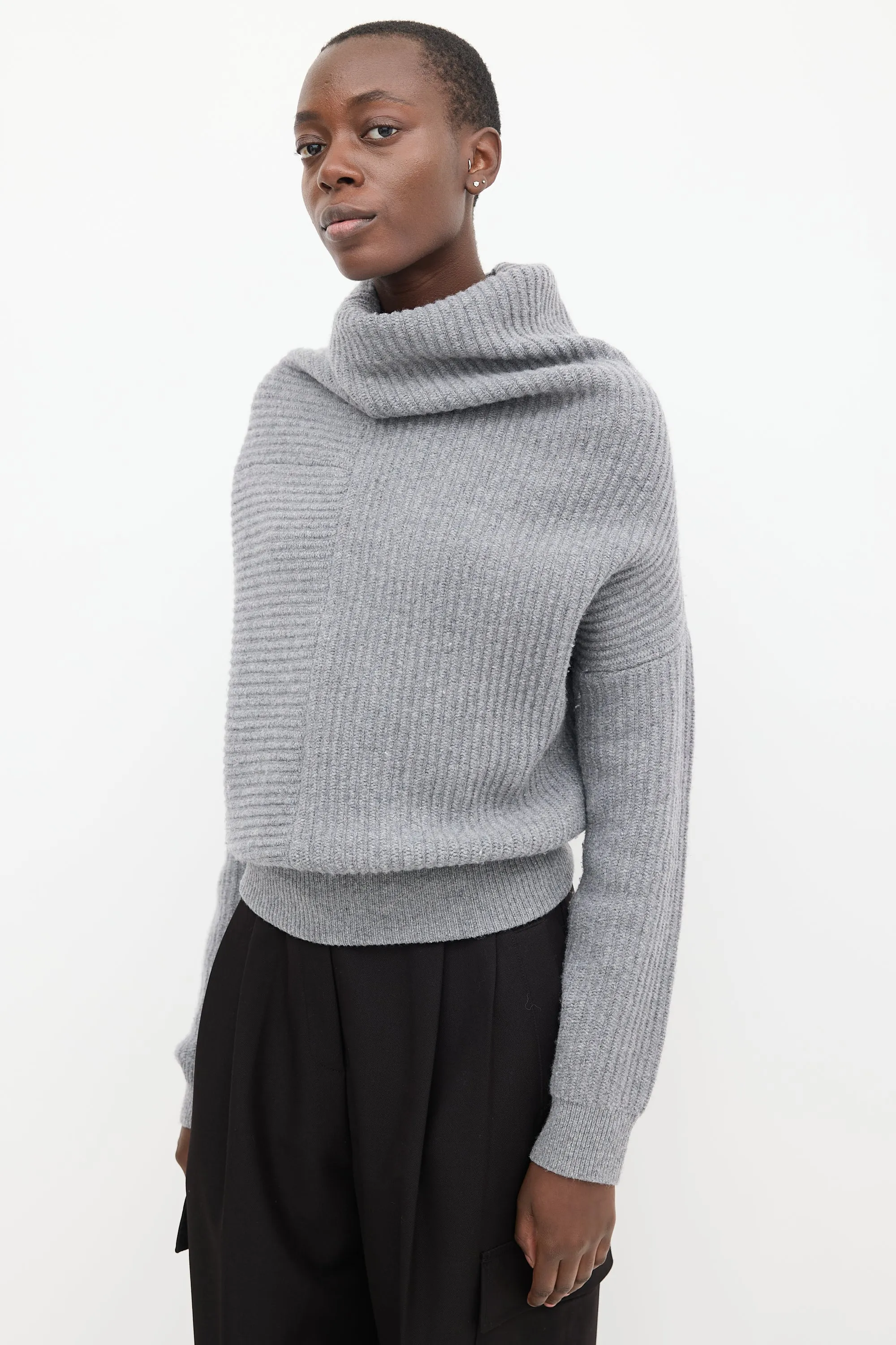 Grey Wool Ribbed Knit Asymmetrical Panelled Sweater