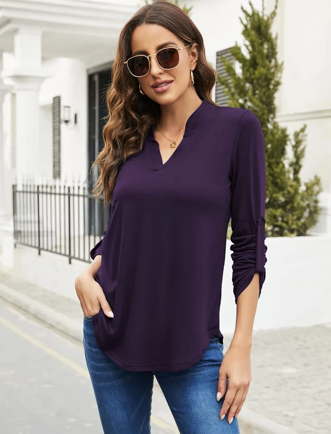 Halife Women's Roll Up 3/4 Sleeve Floral Print V Neck Tunic Blouses Tops Shirts