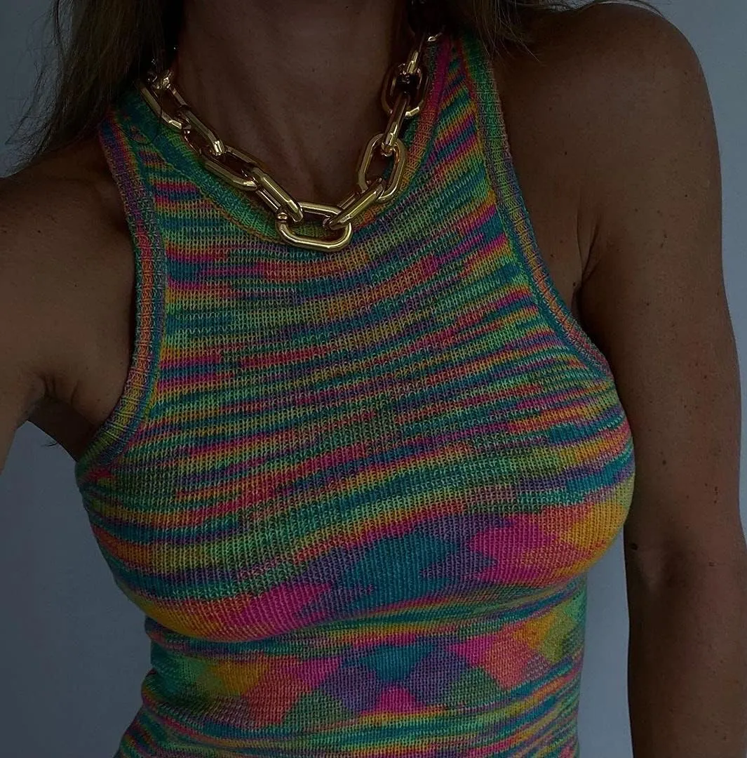 Halter Neck Crop Cami Top Knitted Printed Tank Tops Tee Y2k Sleeveless Strappy Summer Shirts Streetwear