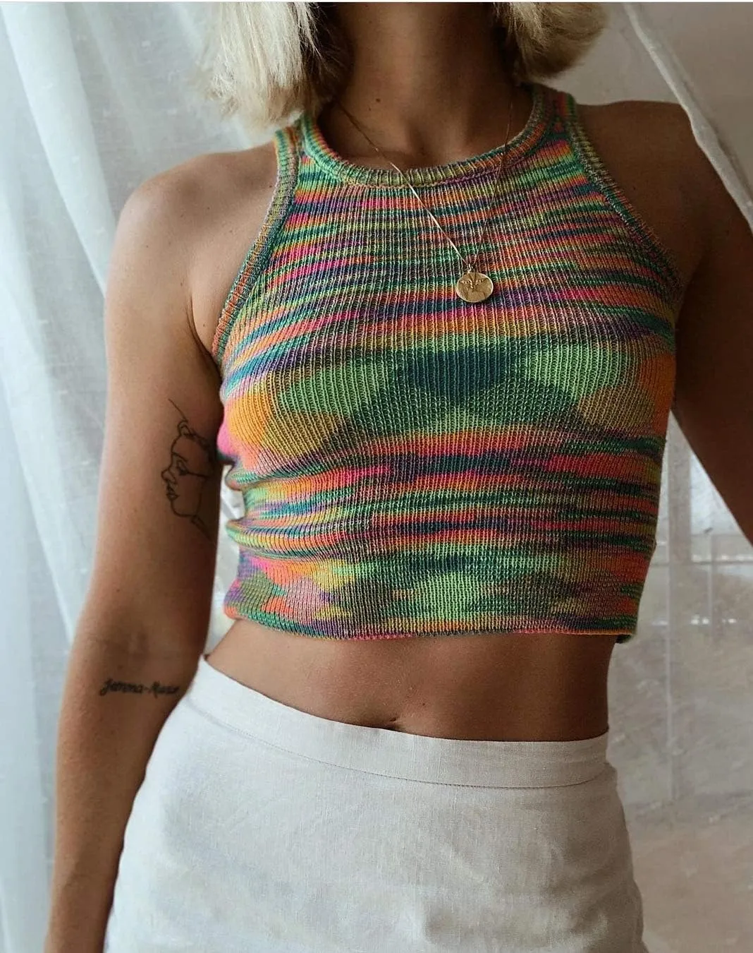 Halter Neck Crop Cami Top Knitted Printed Tank Tops Tee Y2k Sleeveless Strappy Summer Shirts Streetwear