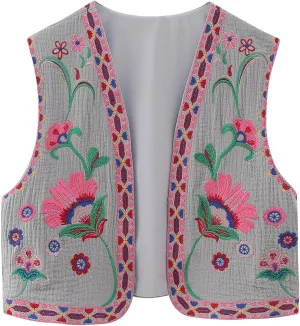 hathne Women's Floral Embroidered Vest Boho Vintage Sleeveless Open Front Cardigan Shirt Vests Waistcoat