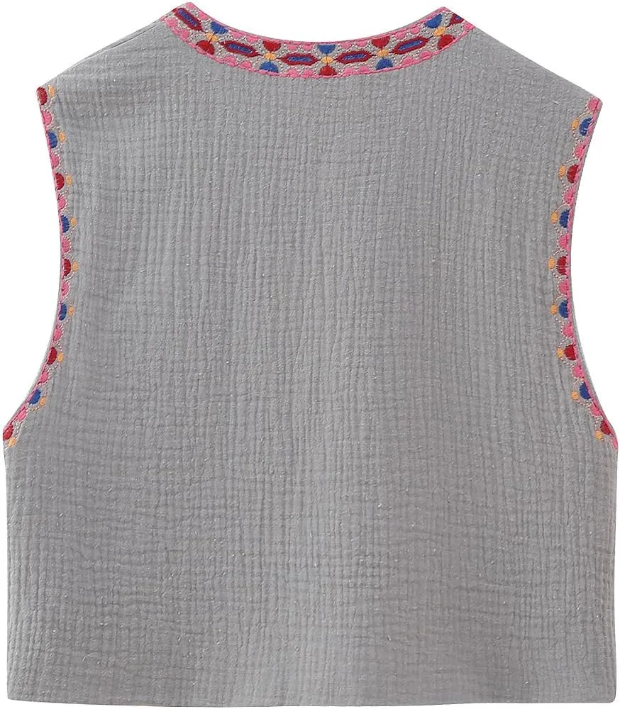 hathne Women's Floral Embroidered Vest Boho Vintage Sleeveless Open Front Cardigan Shirt Vests Waistcoat