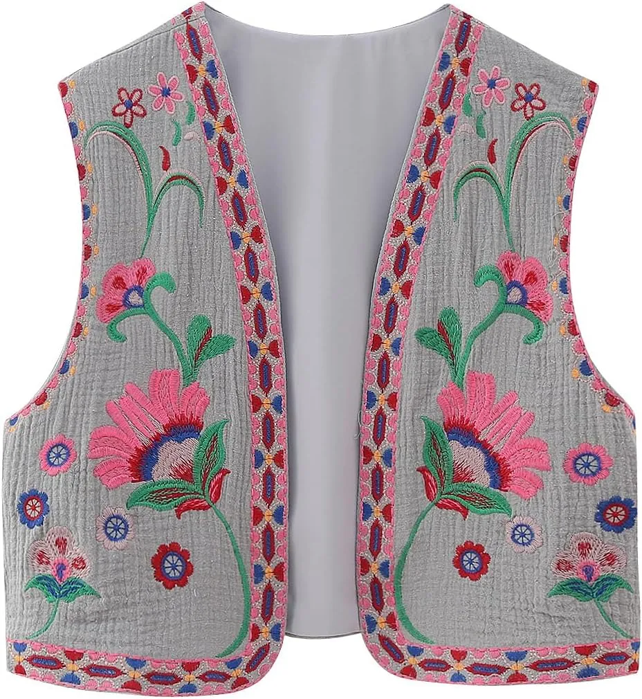 hathne Women's Floral Embroidered Vest Boho Vintage Sleeveless Open Front Cardigan Shirt Vests Waistcoat
