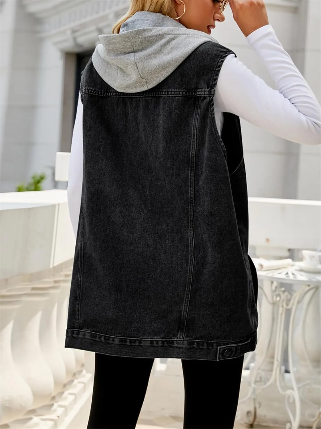 hathne Women's Oversized Denim Vest Sleeveless Jean Jacket Vest with Hood Button Down Long Waistcoat with Pockets Streetwear