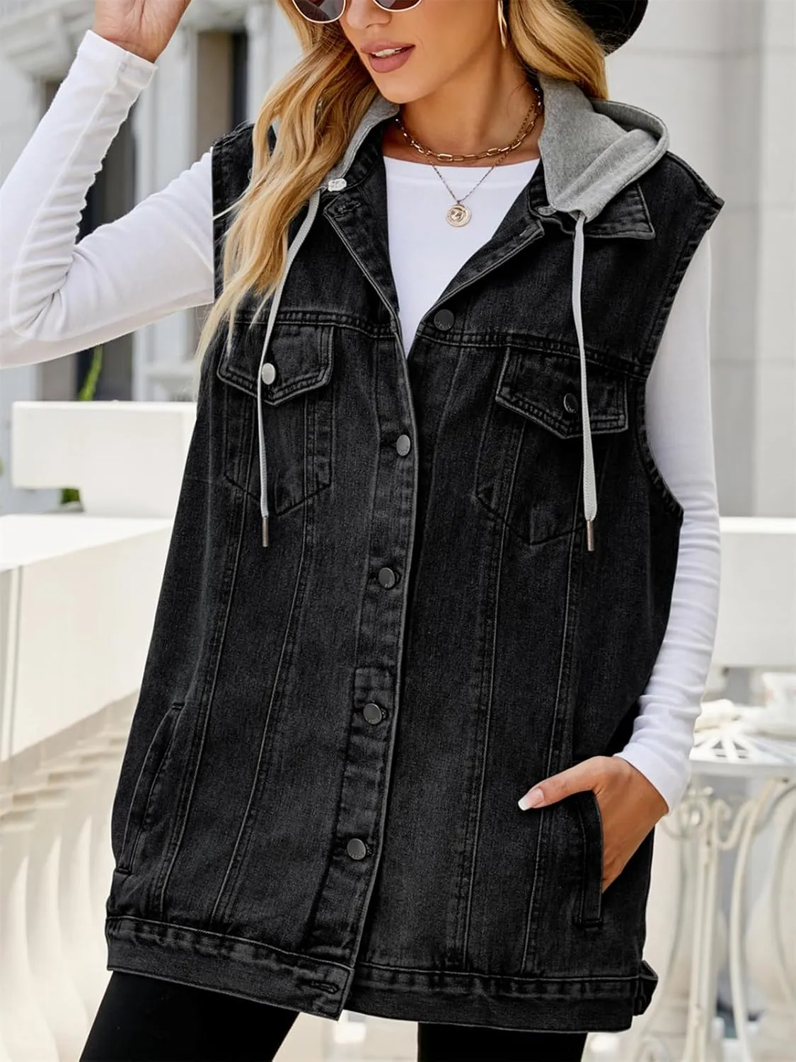 hathne Women's Oversized Denim Vest Sleeveless Jean Jacket Vest with Hood Button Down Long Waistcoat with Pockets Streetwear