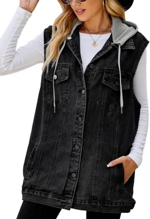 hathne Women's Oversized Denim Vest Sleeveless Jean Jacket Vest with Hood Button Down Long Waistcoat with Pockets Streetwear