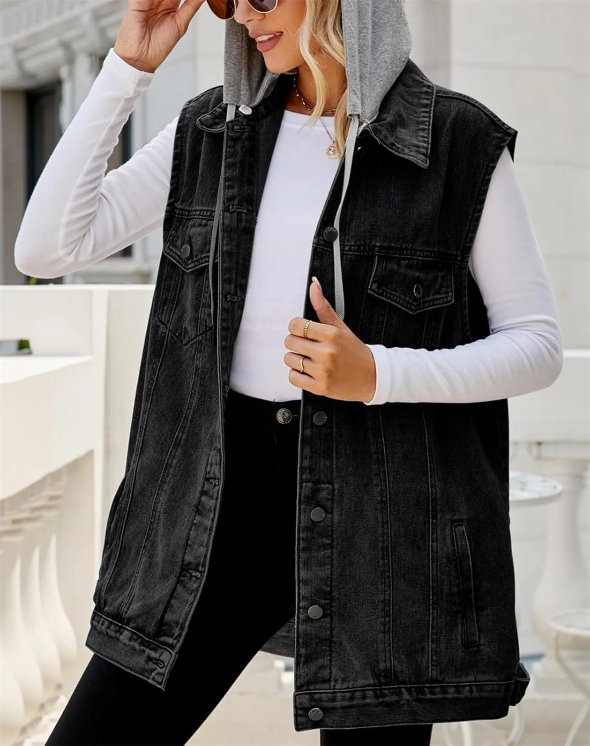 hathne Women's Oversized Denim Vest Sleeveless Jean Jacket Vest with Hood Button Down Long Waistcoat with Pockets Streetwear