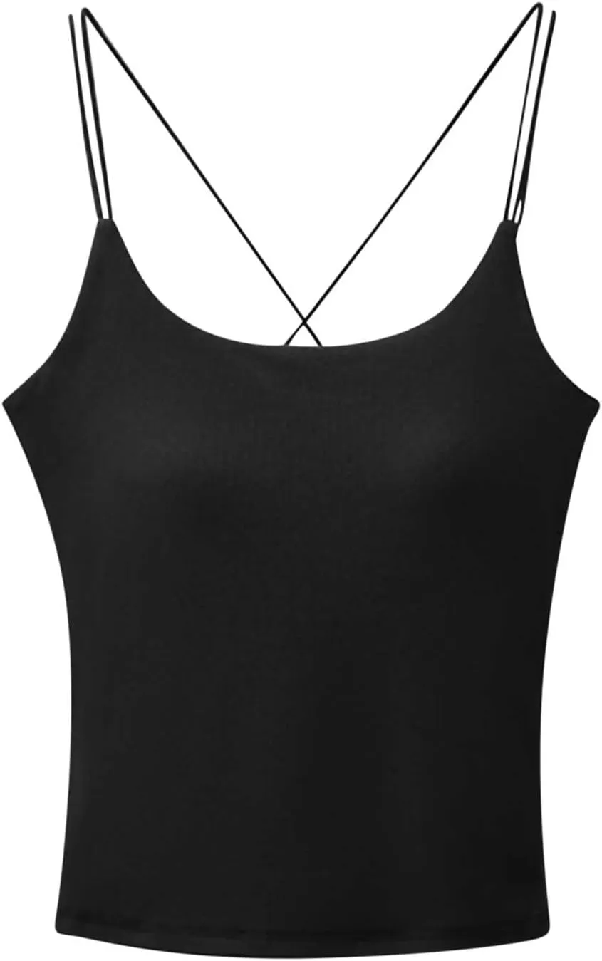 HGps8w Women's Cross Back Built-in Bra Camisoles, Spaghetti Strap Padded Summer Tank Tops Basic Soft Layer Cami Shirts