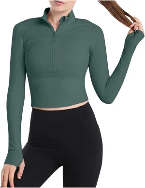 HGps8w Workout Shirts for Women Quick Dry Long Sleeve Crop Tops Slim Fit Running Athletic Sports T Shirt with Thumb Hole