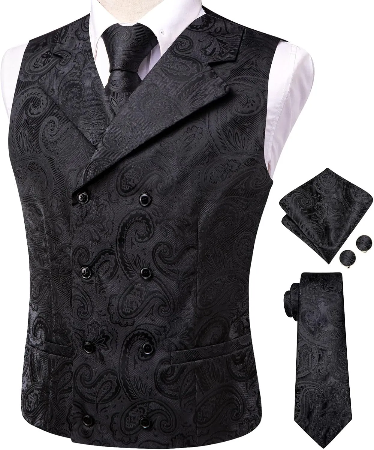 Hi-Tie Mens Silk Paisley Victorian Suit Vests Tie Set Lapel Pin Gold Tie Clip Double Breasted Steampunk Tuxedo Waistcoat