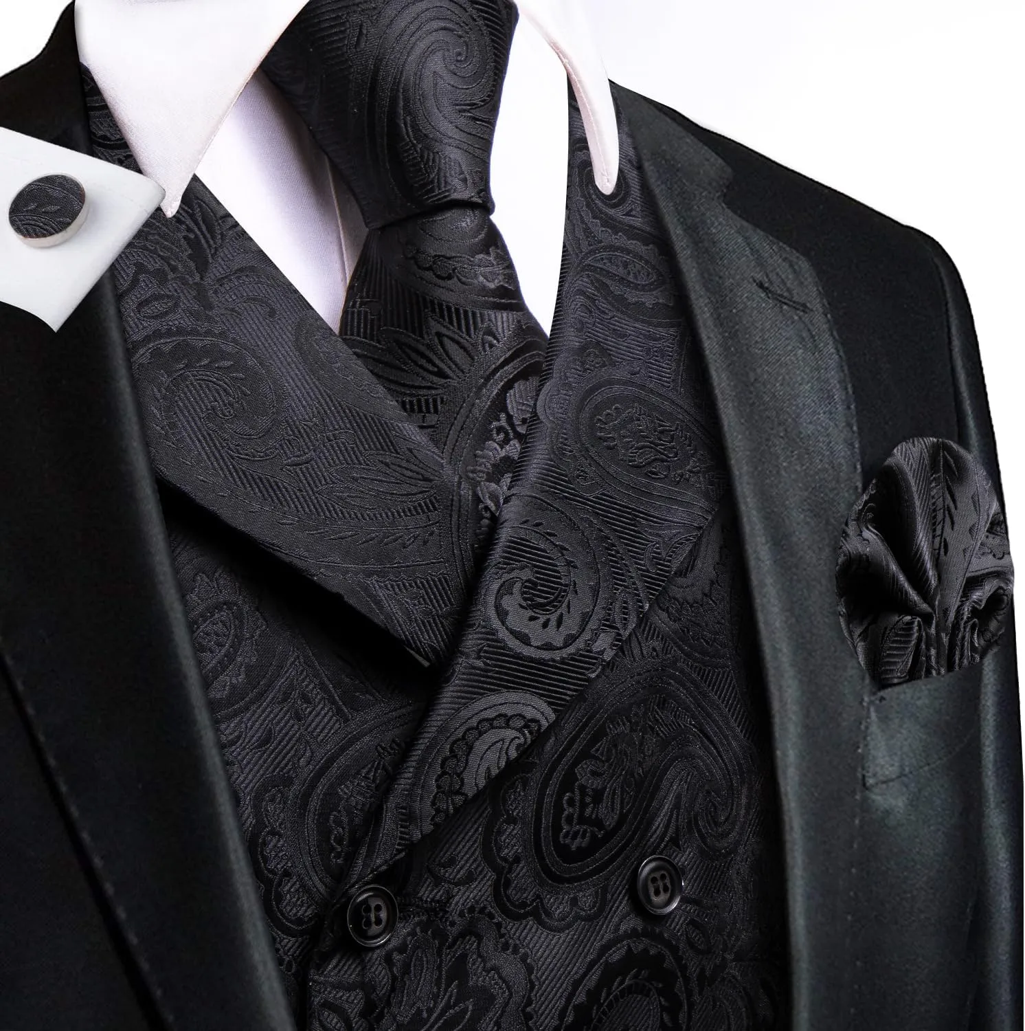 Hi-Tie Mens Silk Paisley Victorian Suit Vests Tie Set Lapel Pin Gold Tie Clip Double Breasted Steampunk Tuxedo Waistcoat