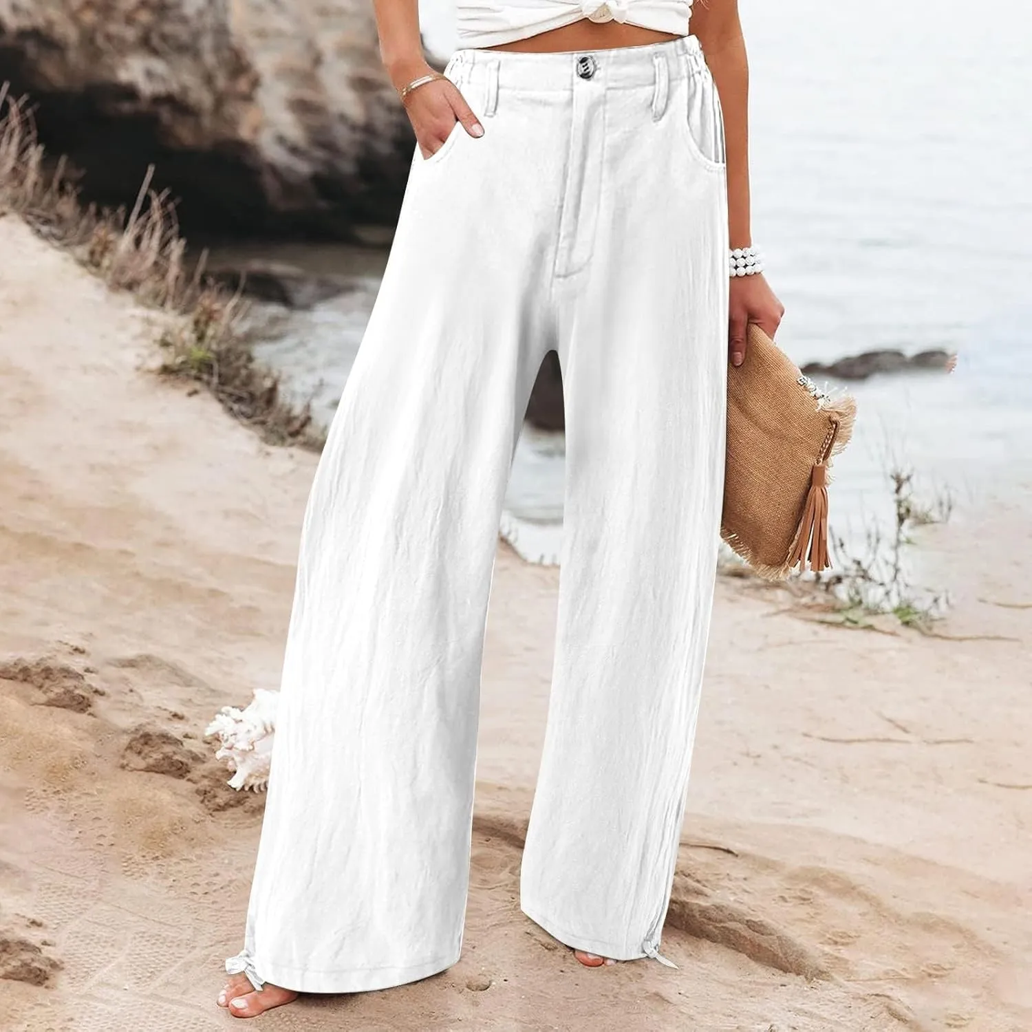 High Waisted Wide Leg Pants for Women 2024 Trendy Boho Flowy Palazzo Pant Summer Casual Lounge Trousers with Pockets