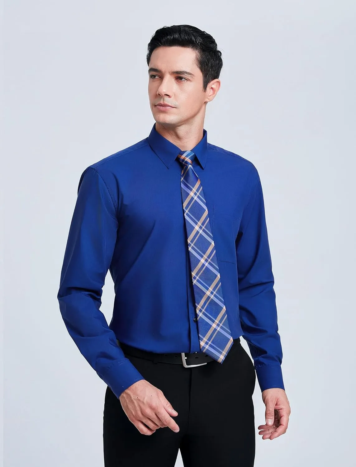 HISDERN Mens Dress Shirt and Tie Handkerchief Set Classic Long Sleeve Shirts Matching Ties Formal Button Down Shirts
