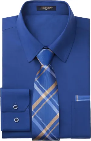 HISDERN Mens Dress Shirt and Tie Handkerchief Set Classic Long Sleeve Shirts Matching Ties Formal Button Down Shirts
