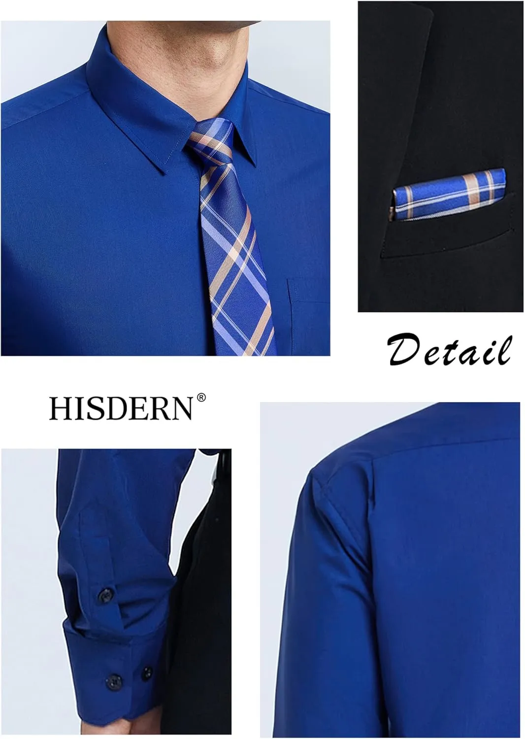 HISDERN Mens Dress Shirt and Tie Handkerchief Set Classic Long Sleeve Shirts Matching Ties Formal Button Down Shirts