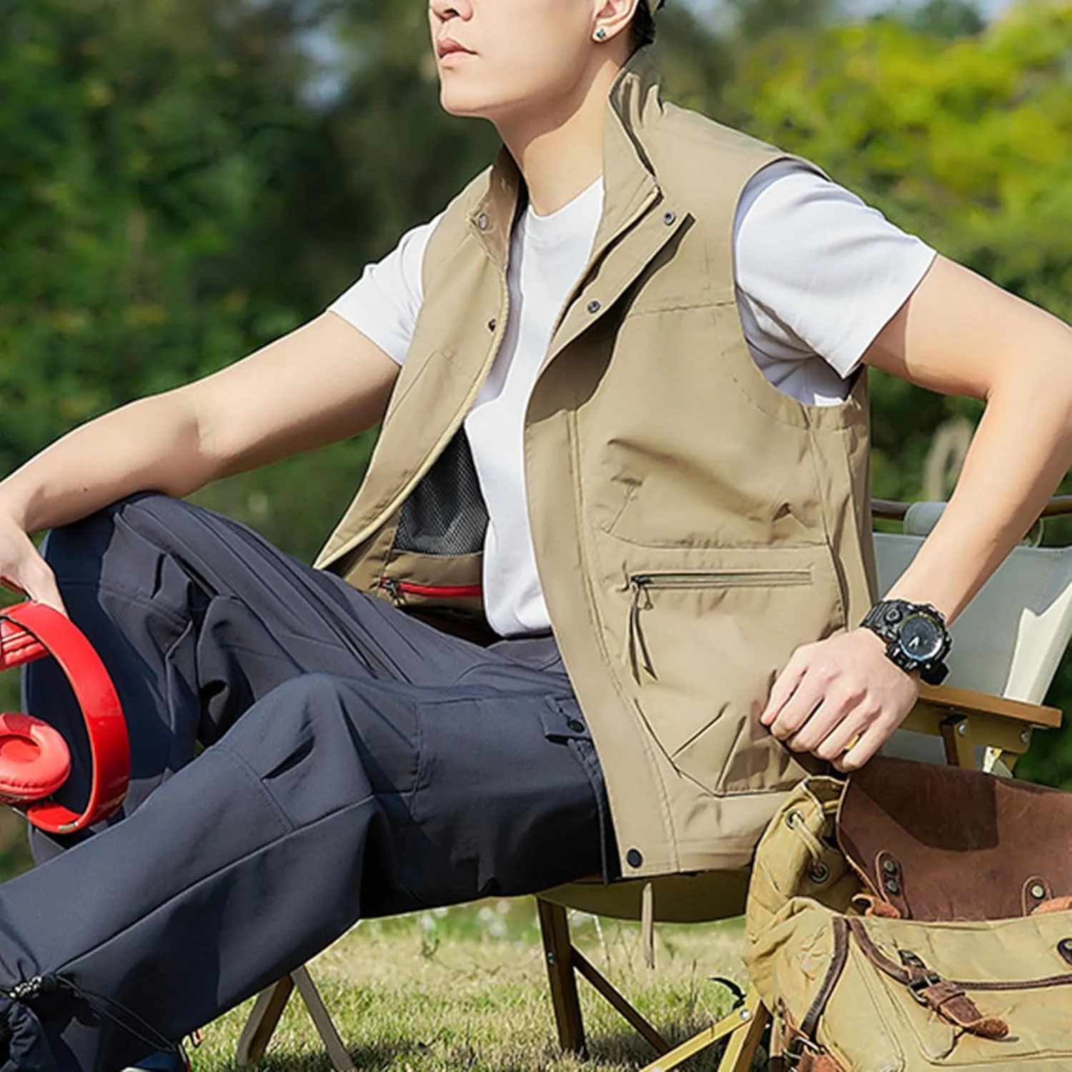 Hixiaohe Mens Vest Golf Outwear Windproof Lightweight Softshell Vest Photo Hiking Travel Work Sleeveless Jacket with Pockets