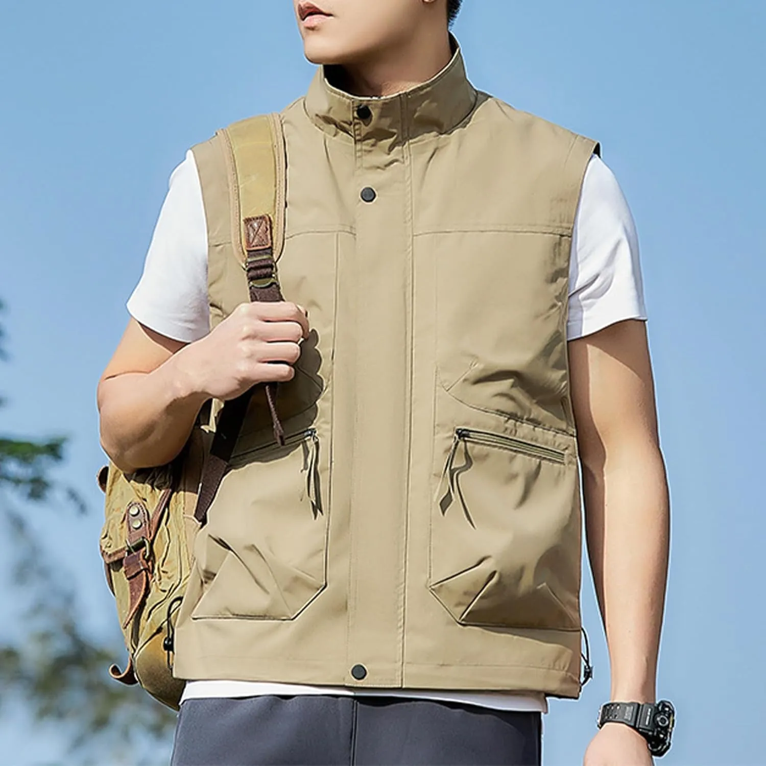 Hixiaohe Mens Vest Golf Outwear Windproof Lightweight Softshell Vest Photo Hiking Travel Work Sleeveless Jacket with Pockets