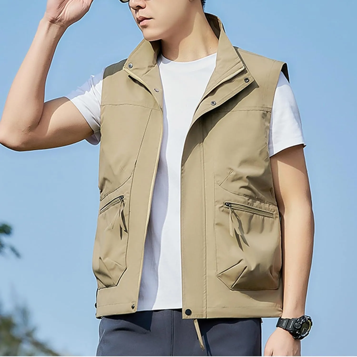 Hixiaohe Mens Vest Golf Outwear Windproof Lightweight Softshell Vest Photo Hiking Travel Work Sleeveless Jacket with Pockets