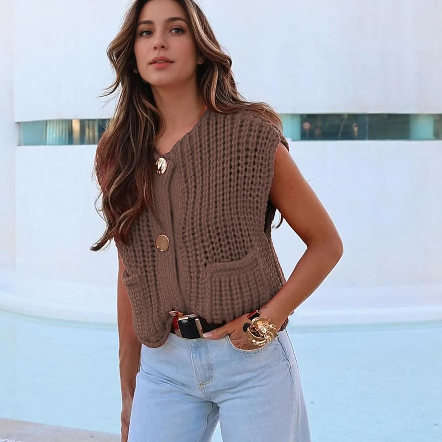 Hixiaohe Womens Crochet Chunky Knit Top Sleeveless Button Down Crop Tops Trendy Cardigan Sweater Vest for Women with Pockets
