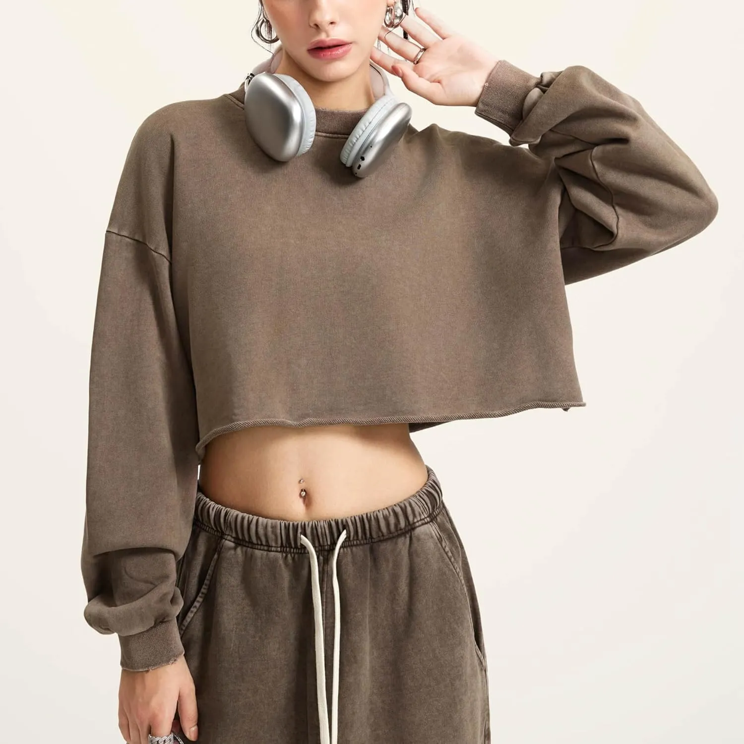 Hixiaohe Womens Cropped Sweatshirts Vintage Long Sleeve Pullover Tops Acid Wash Sweatshirt Hoodies for Women Workout Crop Top