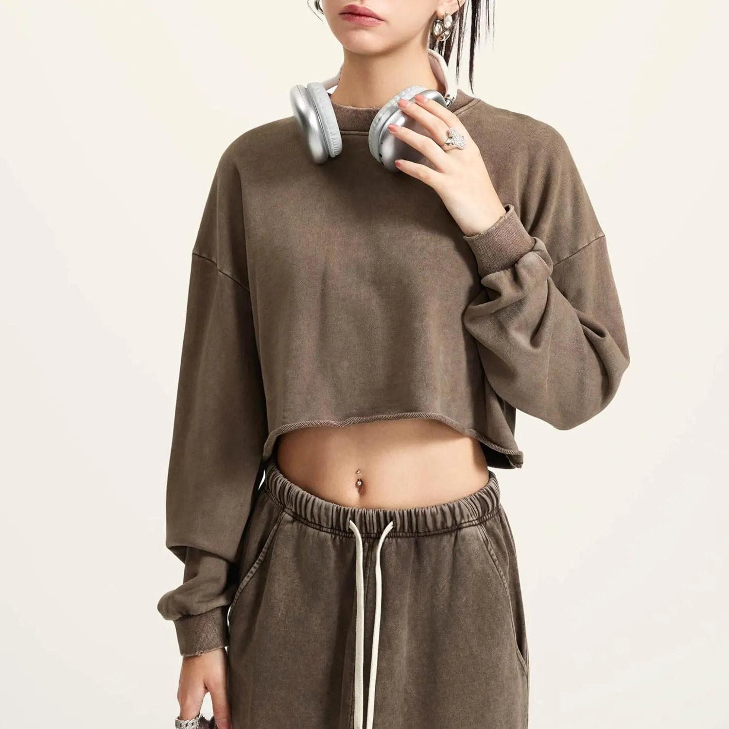 Hixiaohe Womens Cropped Sweatshirts Vintage Long Sleeve Pullover Tops Acid Wash Sweatshirt Hoodies for Women Workout Crop Top