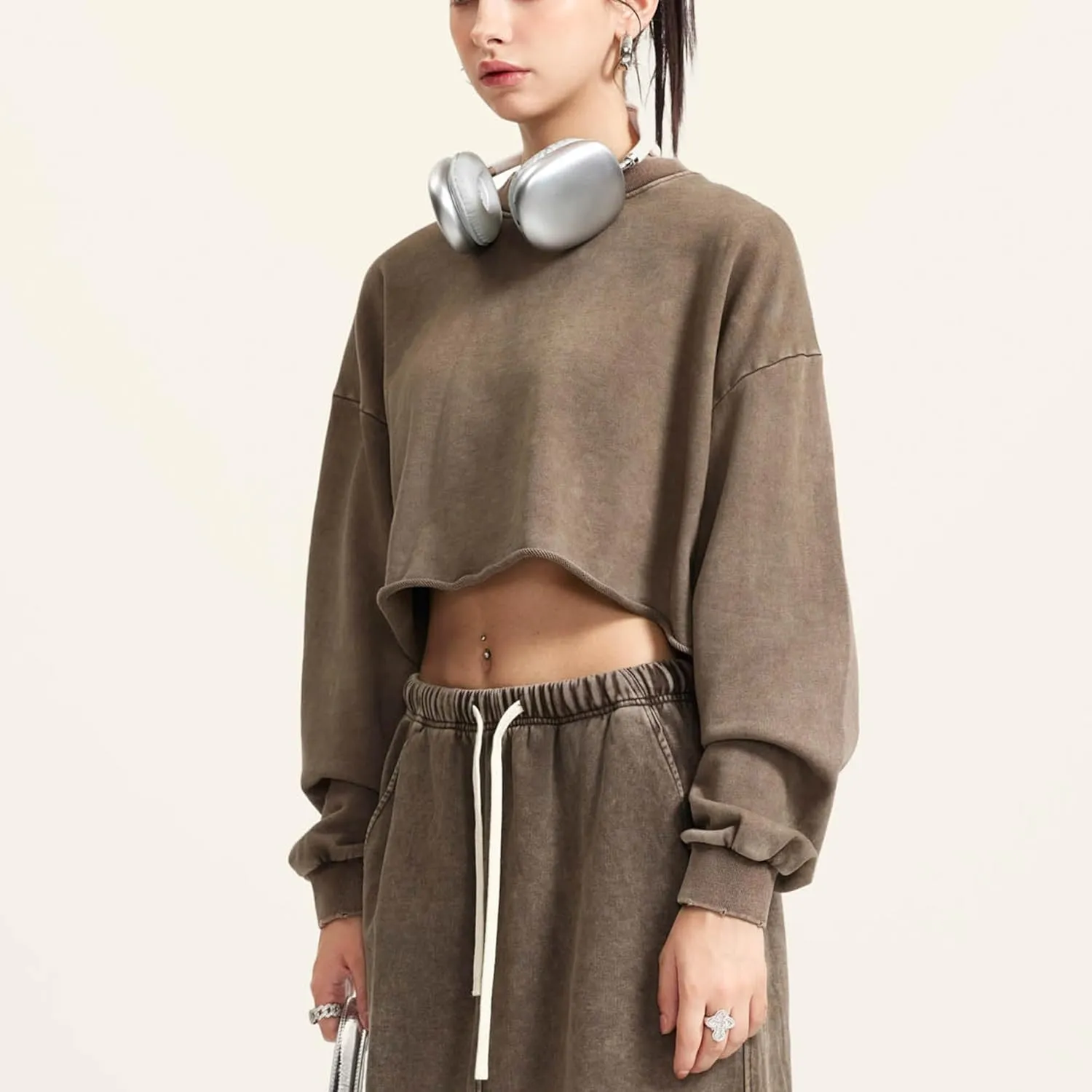Hixiaohe Womens Cropped Sweatshirts Vintage Long Sleeve Pullover Tops Acid Wash Sweatshirt Hoodies for Women Workout Crop Top