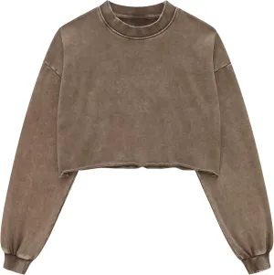 Hixiaohe Womens Cropped Sweatshirts Vintage Long Sleeve Pullover Tops Acid Wash Sweatshirt Hoodies for Women Workout Crop Top