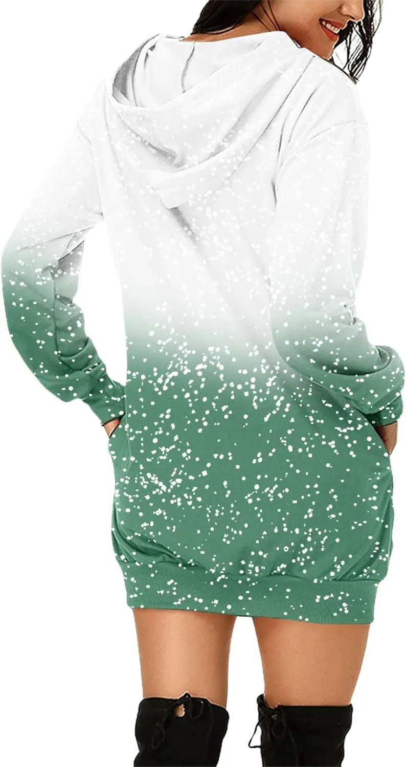 Hoodies Dress for Women Ugly Christmas Print Long Sleeve Casual Loose Long Bodycon Tunic Sweatshirt Dress with Pocket