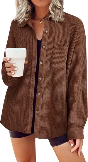 HOTOUCH Waffle Knit Button Down Shirts for Women Dressy Casual Work Tops Long Sleeve Loose Fit Shacket with Pocket